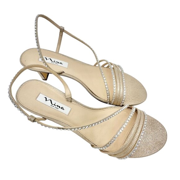 Nina Gerri-Fy Taupe Reflective Heeled Sandals Strappy Rhinestone 10M Formal - Picture 7 of 11